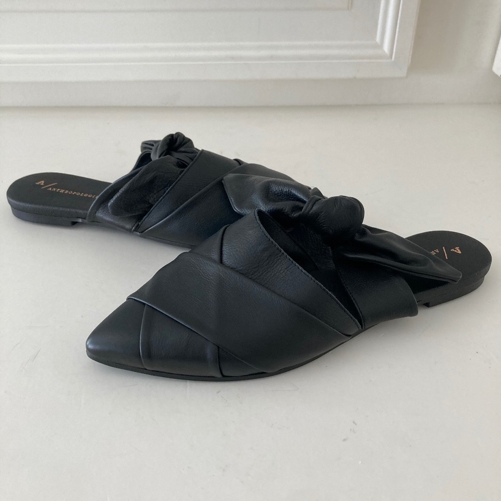 NWOT Anthropologie Woven Bow Black Leather Pointed Toe Mule Slides Sz 40/37
